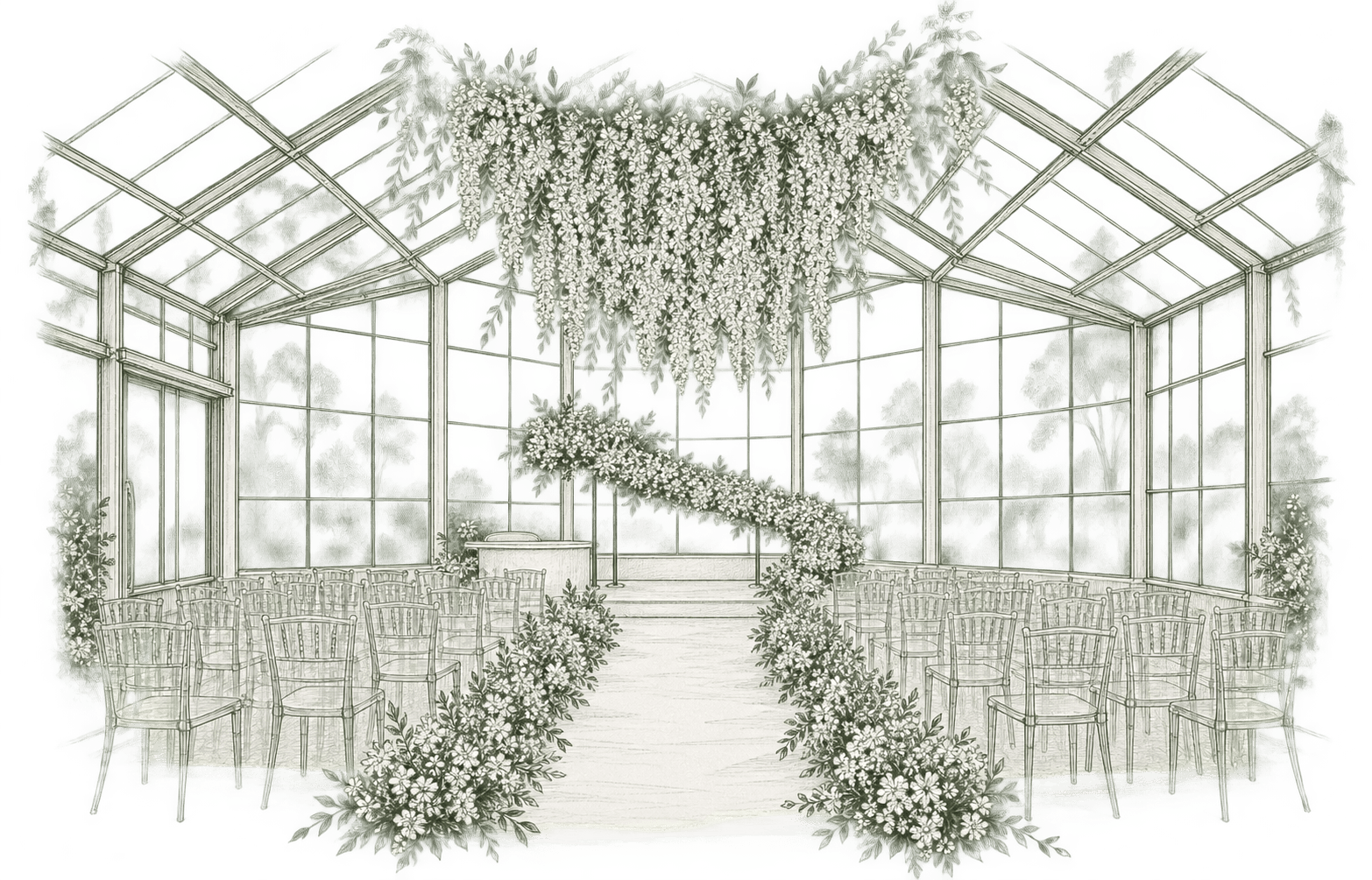 Desenho do interior da capela, com painéis de vidro, cadeiras e flores ao longo do corredor