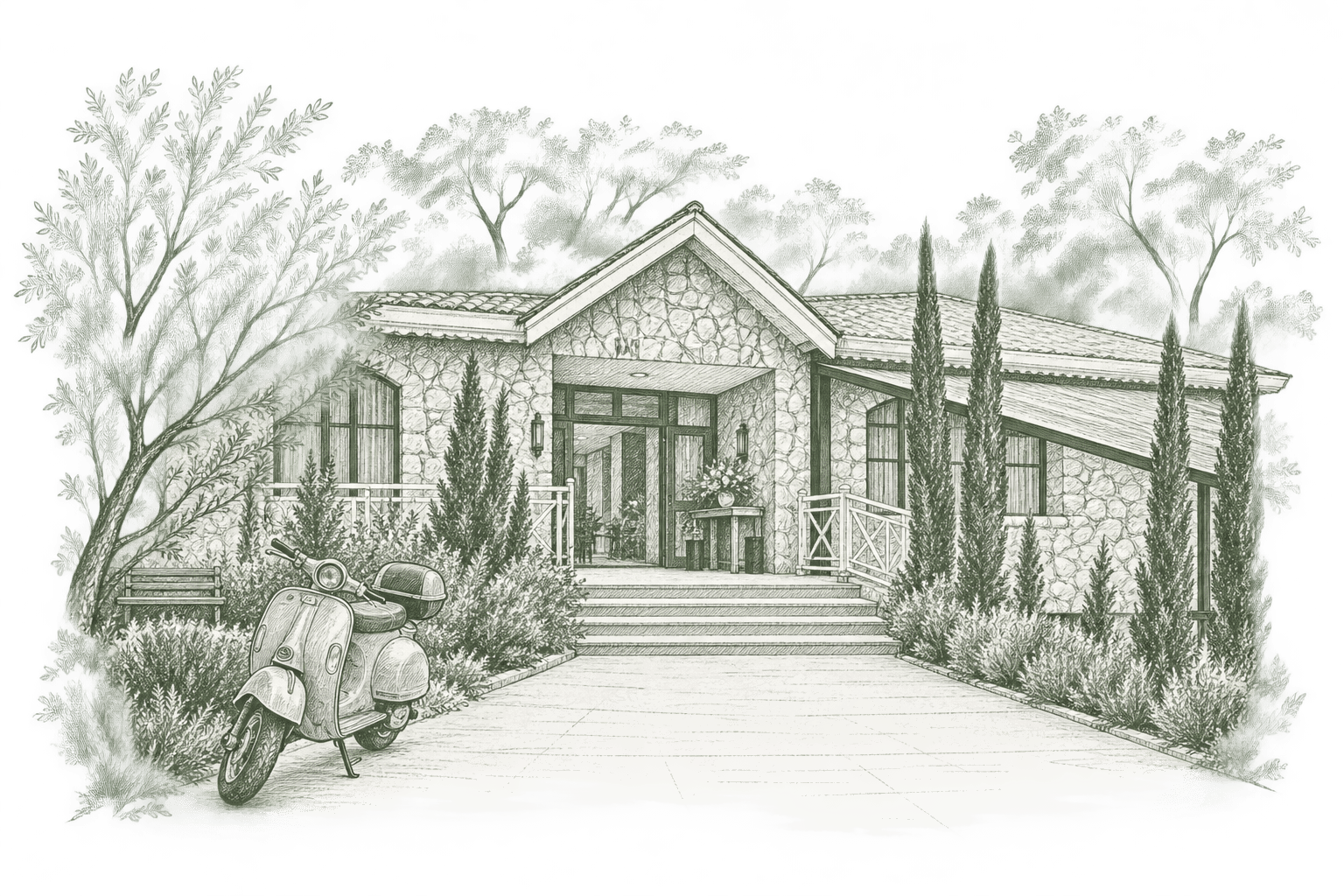 Croquis da entrada de pedra do espaço, com jardim e uma scooter